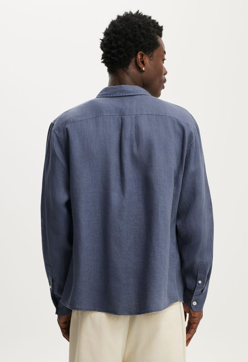 Cotton On - Relaxed Linen Long Sleeve Shirt - Faded Navy
