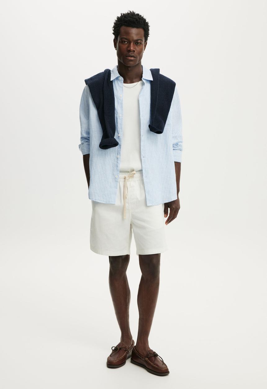 Cotton On - Relaxed Linen Long Sleeve Shirt - Sky Blue Stripe