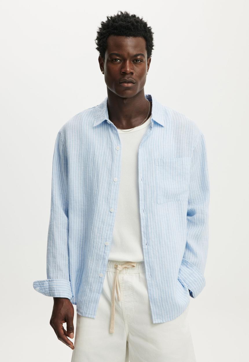 Cotton On - Relaxed Linen Long Sleeve Shirt - Sky Blue Stripe