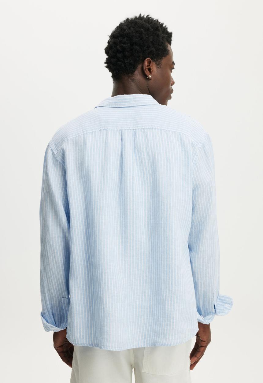 Cotton On - Relaxed Linen Long Sleeve Shirt - Sky Blue Stripe
