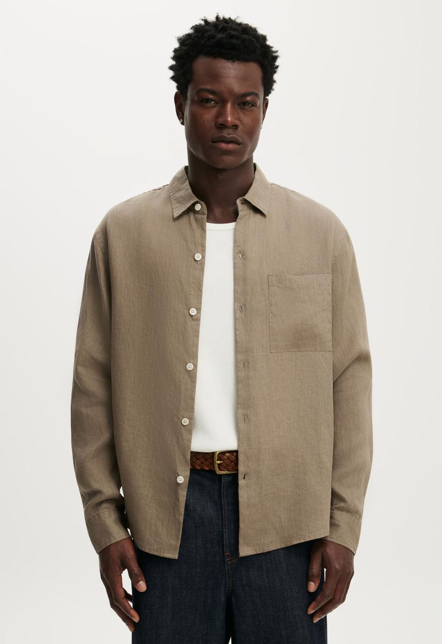 Cotton On - Relaxed Linen Long Sleeve Shirt - Worn Olive