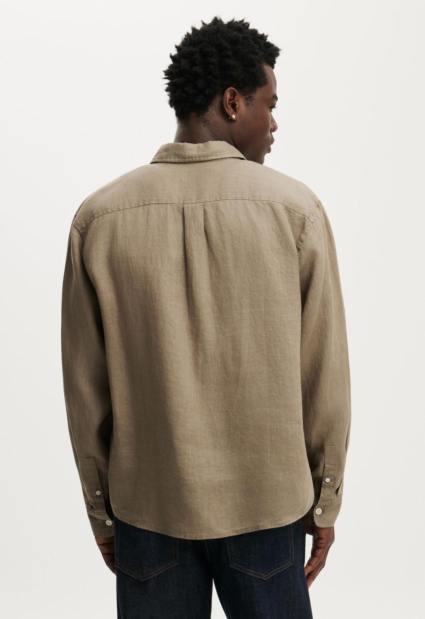 Cotton On - Relaxed Linen Long Sleeve Shirt - Worn Olive