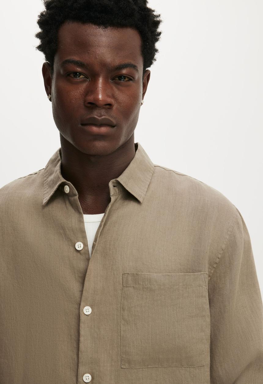 Cotton On - Relaxed Linen Long Sleeve Shirt - Worn Olive