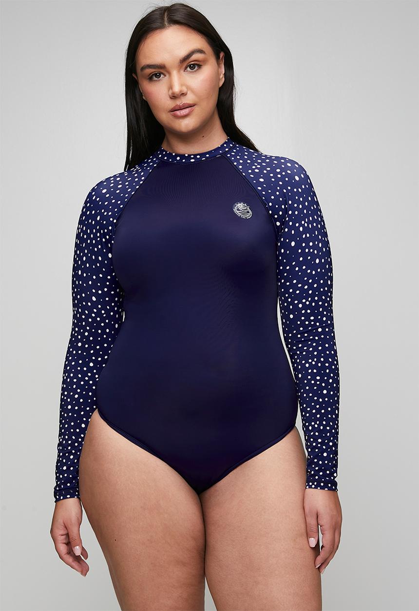 Lizzy - Plus ladies long sleeve full body rashie - navy whale shark
