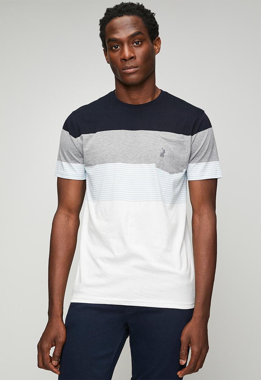 POLO - MENS CREW NECK STRIPE POCKET TEE - Blue