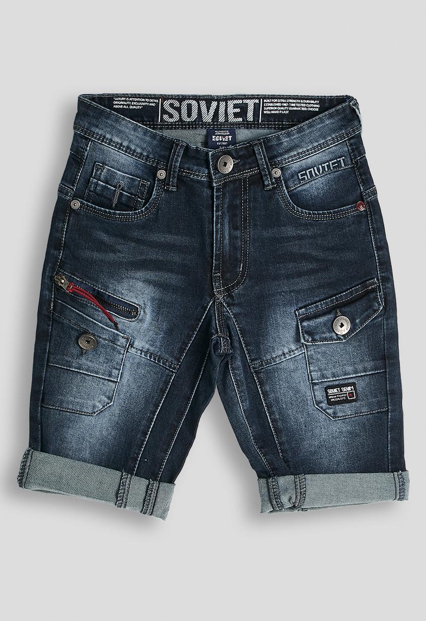 SOVIET - Boys Cargo Pocket Denim Short - Blue Black