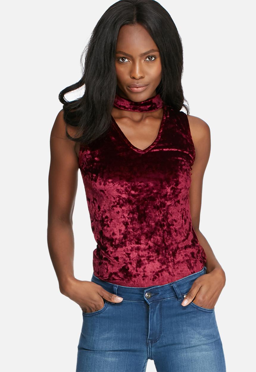 dailyfriday - Crushed velvet v-neck cut out top