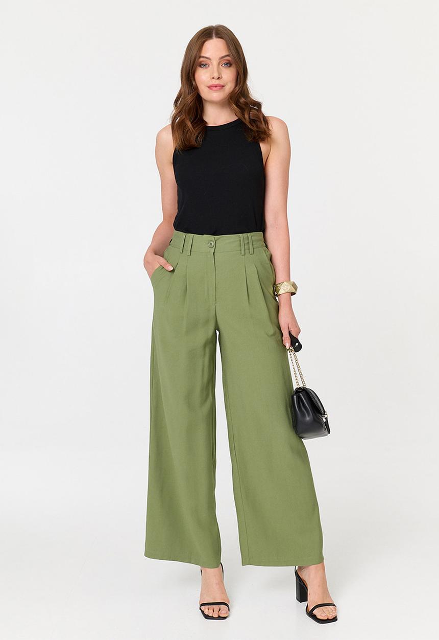 Izabel London - High Waist Straight Leg Trouser - Khaki
