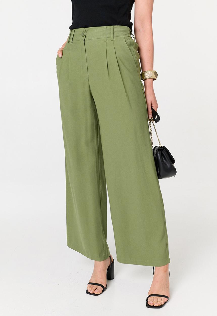 Izabel London - High Waist Straight Leg Trouser - Khaki