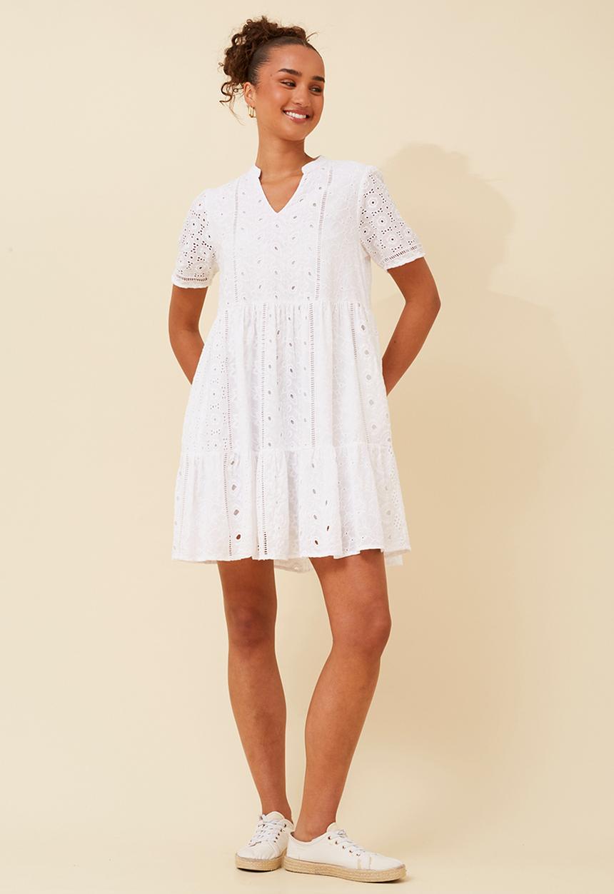 MANDI - Short Sleeve V-Neck Anglaise Above Knee A-Line Babydoll Dress - White