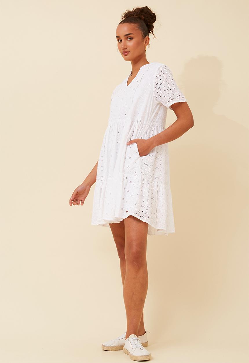 MANDI - Short Sleeve V-Neck Anglaise Above Knee A-Line Babydoll Dress - White