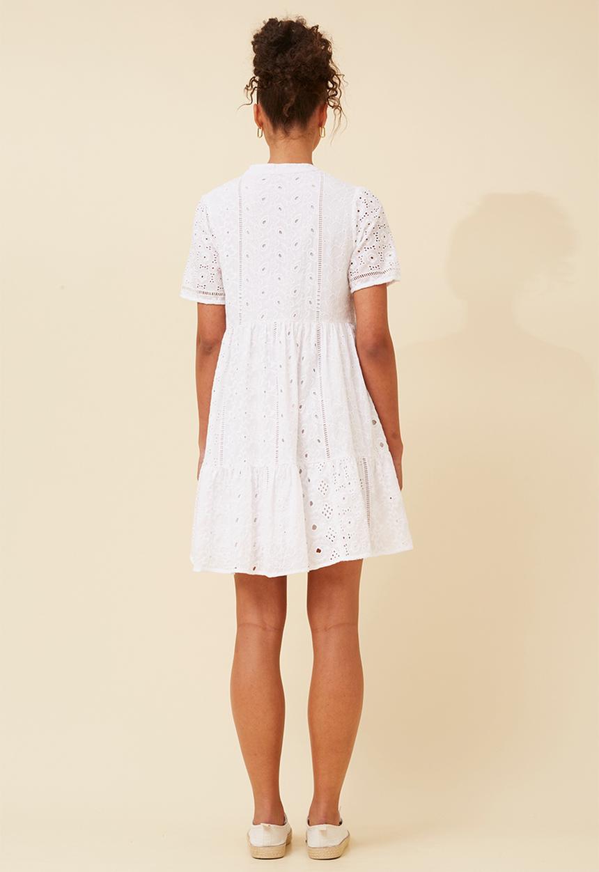 MANDI - Short Sleeve V-Neck Anglaise Above Knee A-Line Babydoll Dress - White
