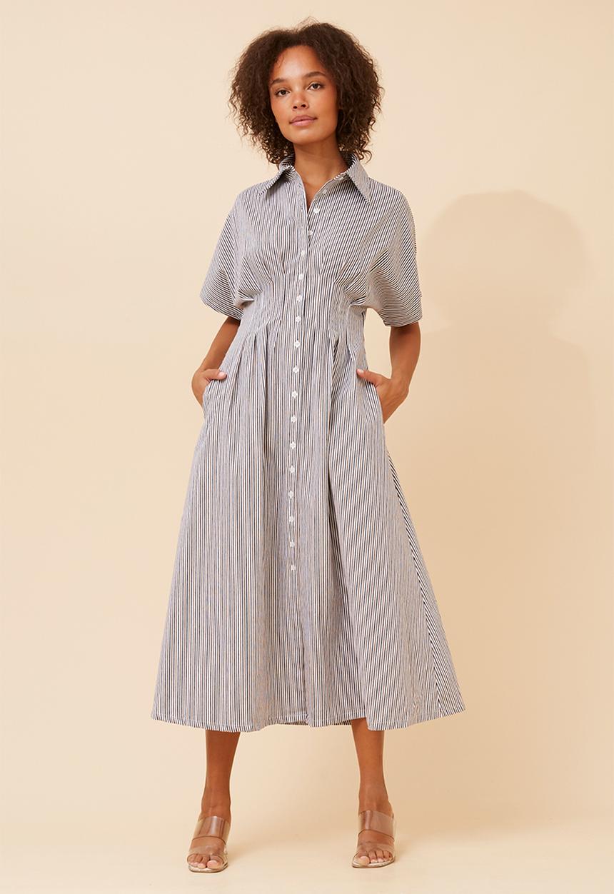 Izabel London - Batwing Stripe Maxi Dress With Waist And Back Dart Detail - Toffee