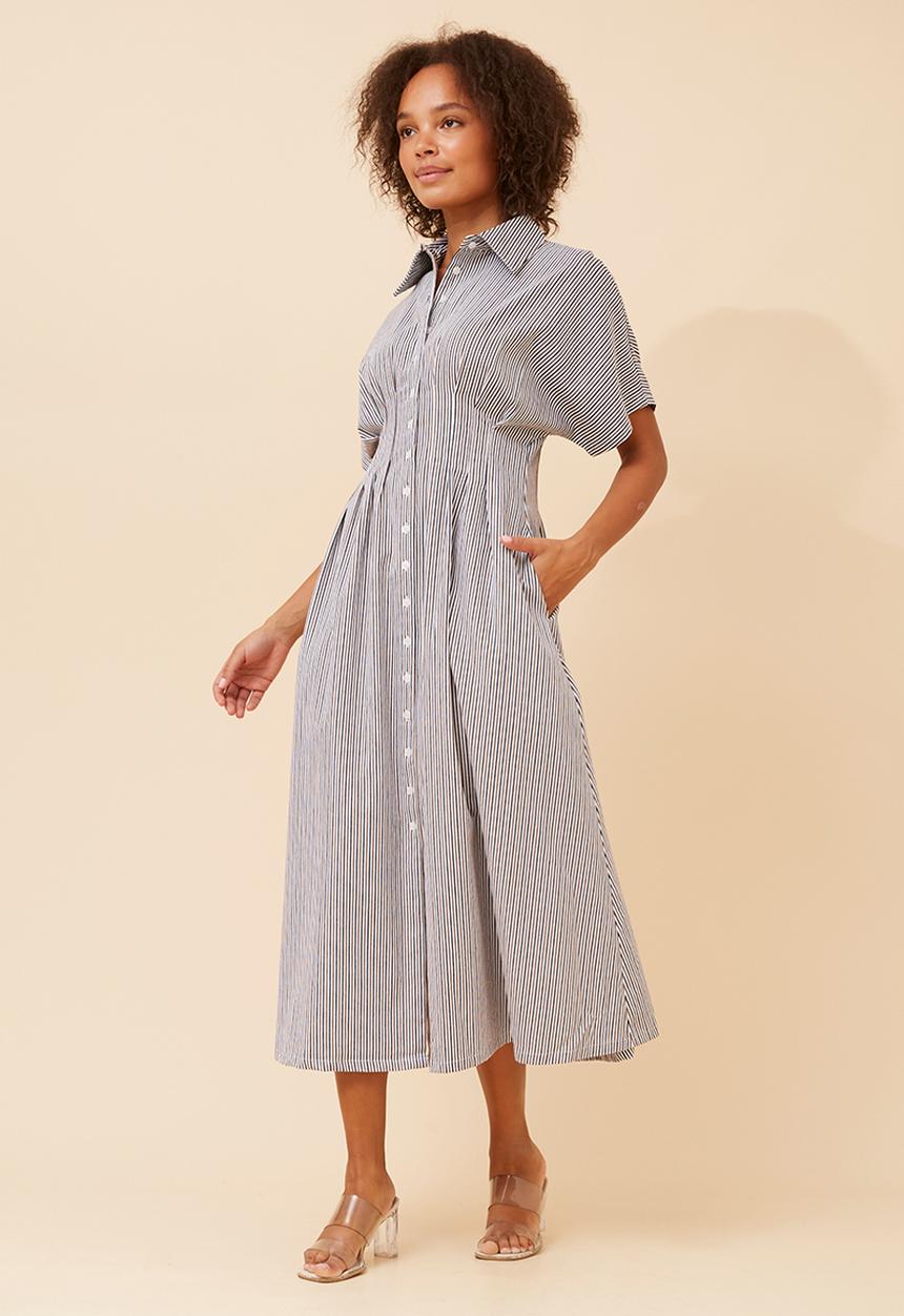 Izabel London - Batwing Stripe Maxi Dress With Waist And Back Dart Detail - Toffee