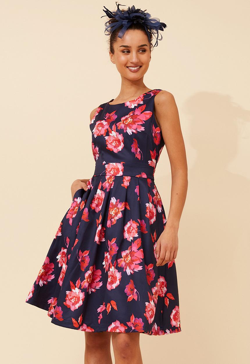 Stella Morgan - S/Less Crew Neck Fit And Flare Midi Dress Printed With Waist Tie Belt - Navy