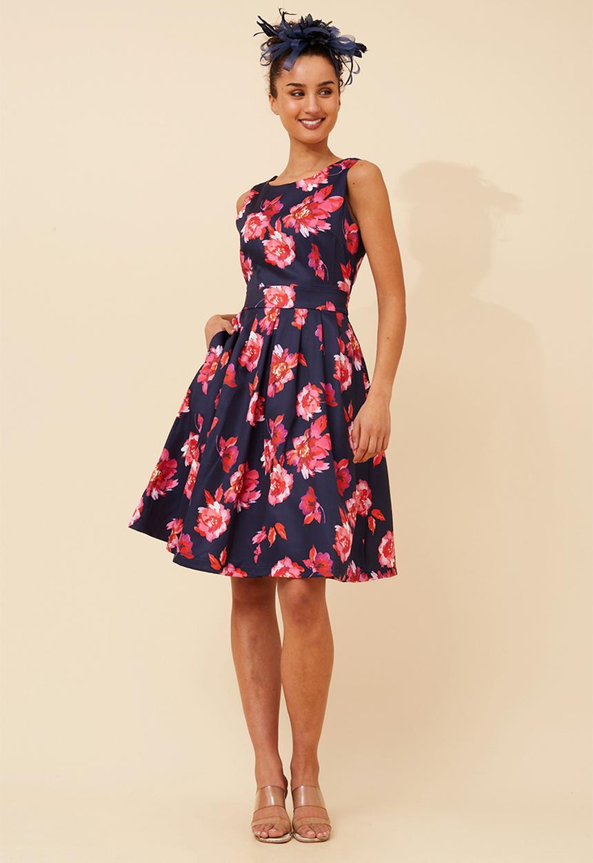 Stella Morgan - S/Less Crew Neck Fit And Flare Midi Dress Printed With Waist Tie Belt - Navy