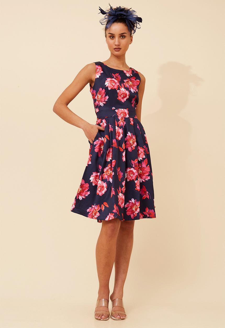 Stella Morgan - S/Less Crew Neck Fit And Flare Midi Dress Printed With Waist Tie Belt - Navy