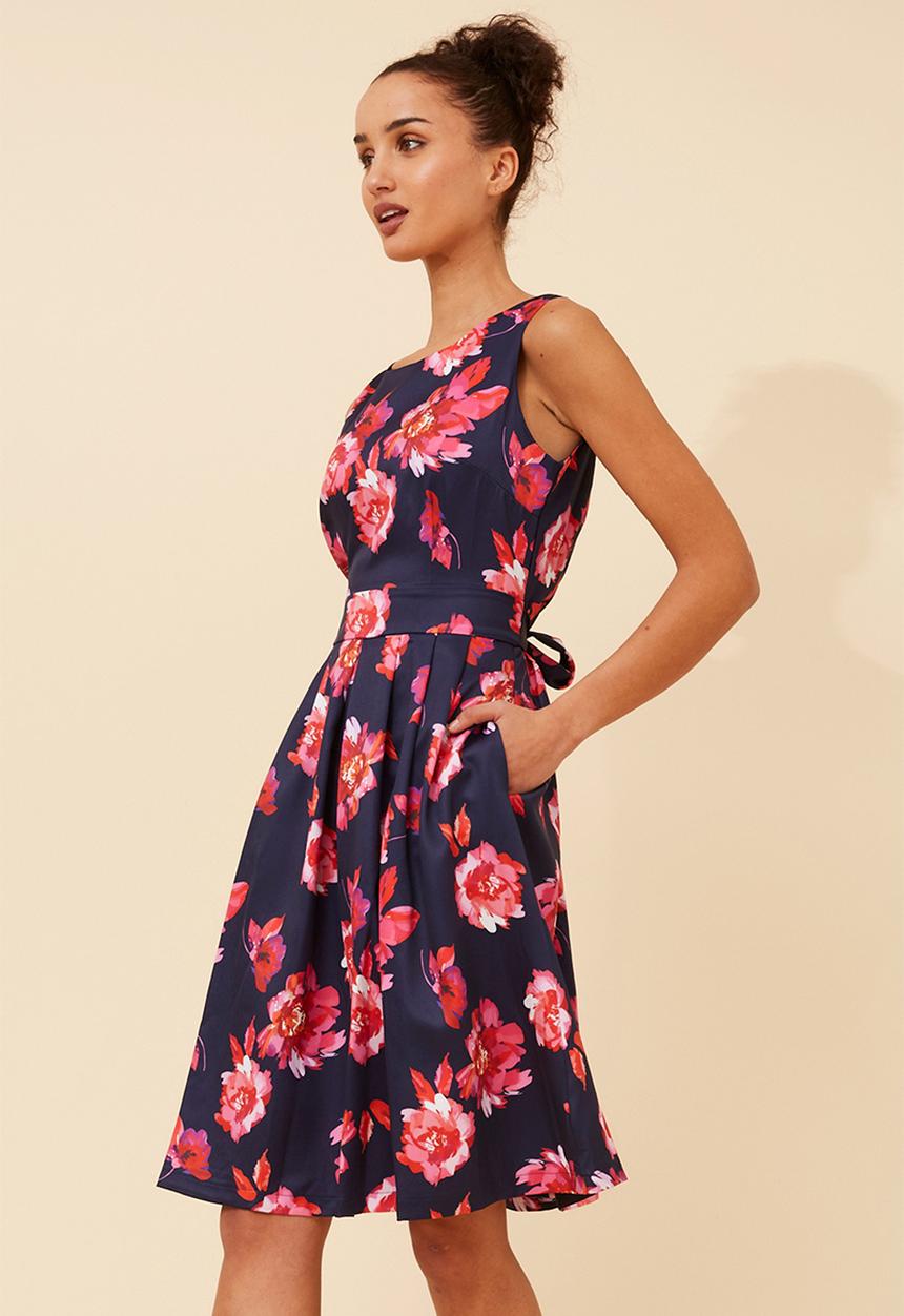 Stella Morgan - S/Less Crew Neck Fit And Flare Midi Dress Printed With Waist Tie Belt - Navy