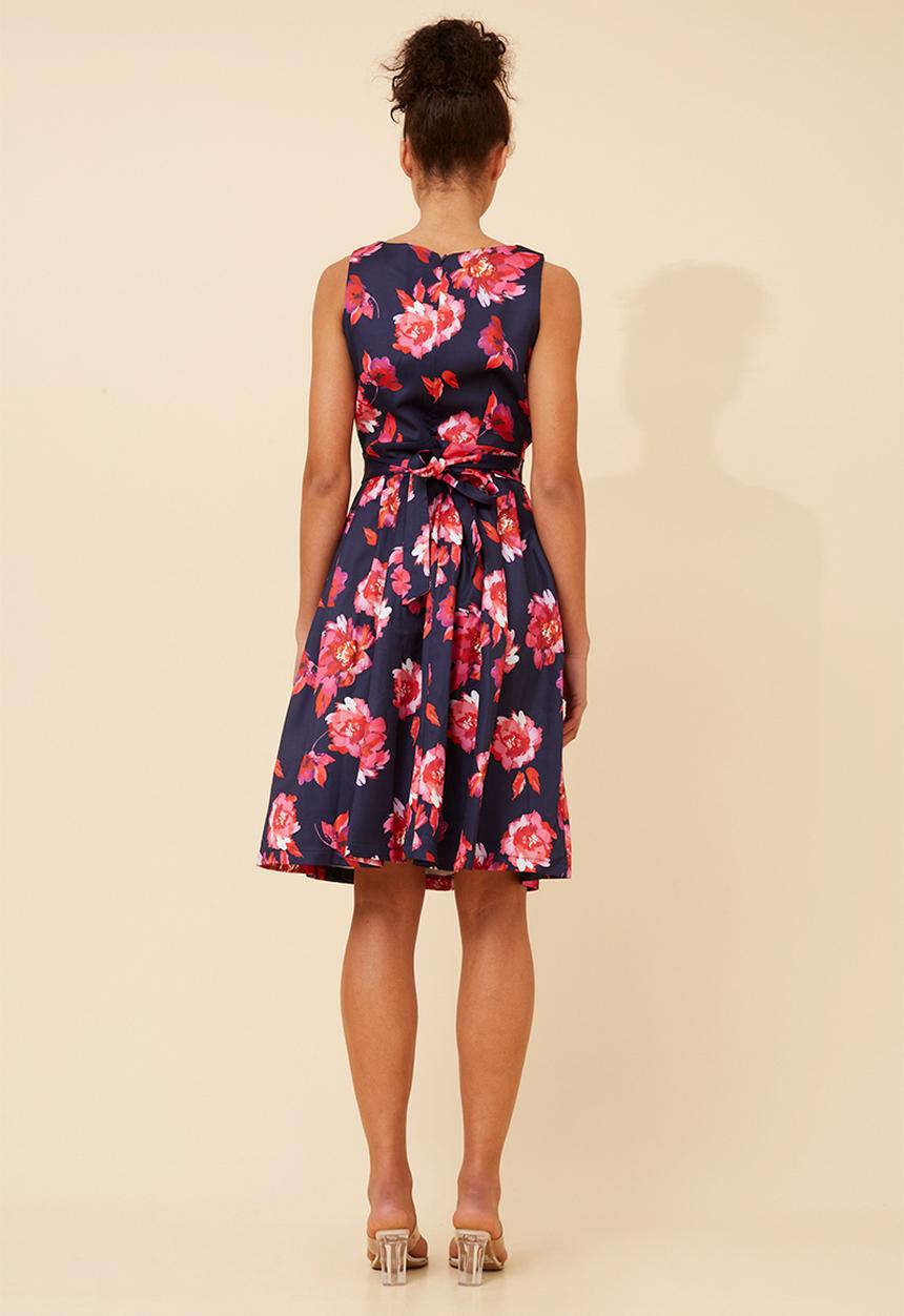 Stella Morgan - S/Less Crew Neck Fit And Flare Midi Dress Printed With Waist Tie Belt - Navy