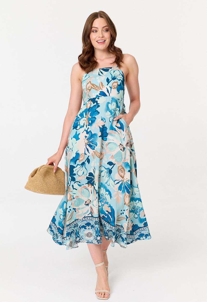 Stella Morgan - Sleeveless Strappy Boobtube Printed Floral A-Line Maxi Dress - Blue