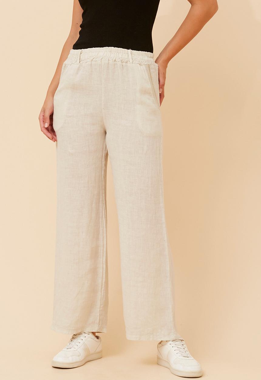 Stella Morgan - Made In Italy Elasticated Pull On Wide Leg 100% Linen Pant - Linen