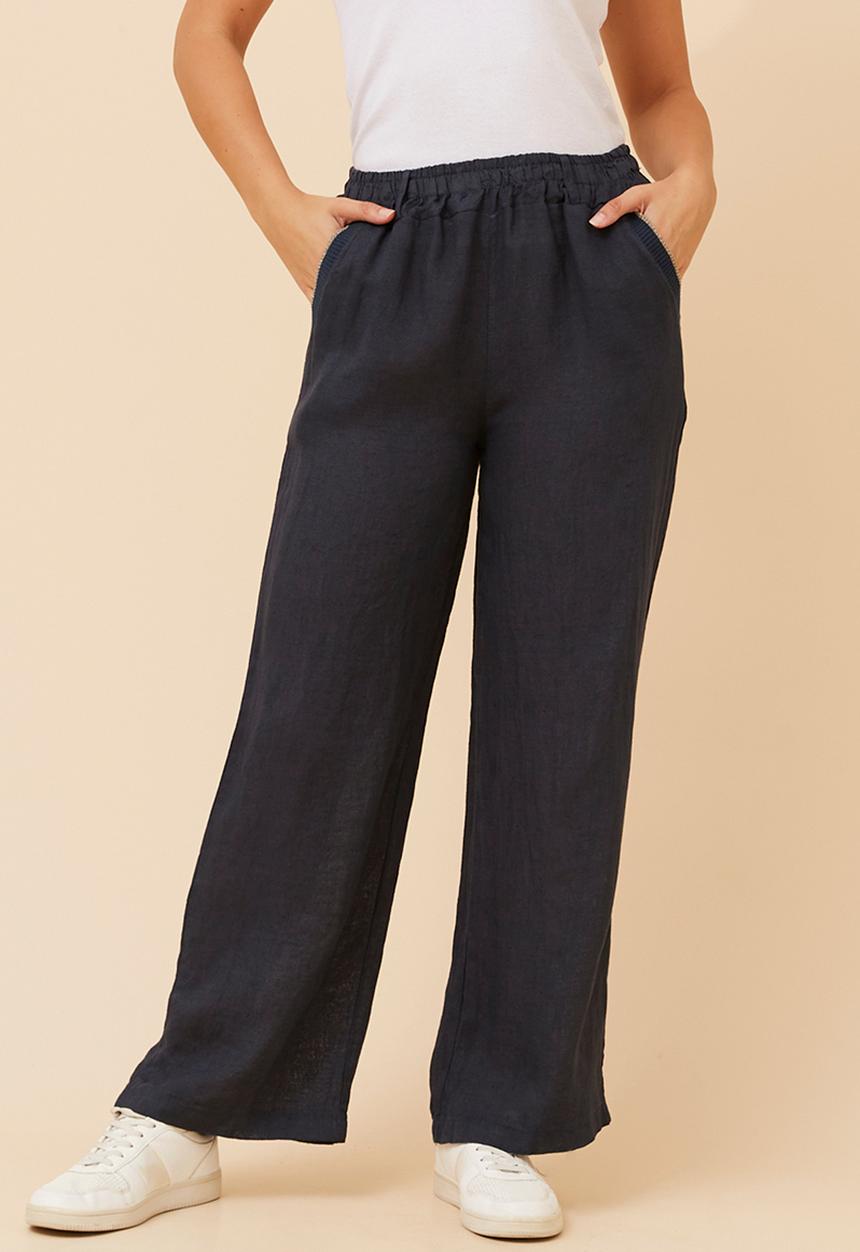 Stella Morgan - Made In Italy Elasticated Pull On Wide Leg 100% Linen Pant - Navy