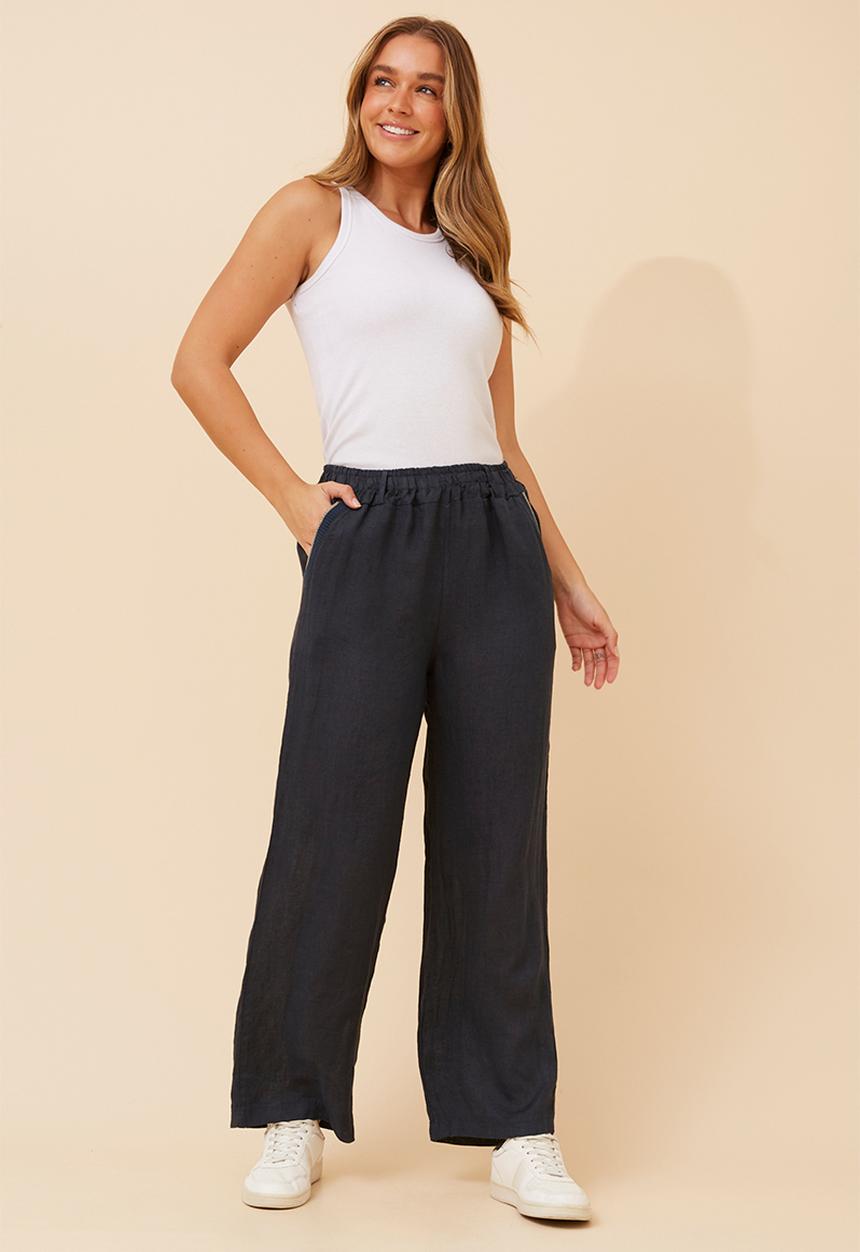 Stella Morgan - Made In Italy Elasticated Pull On Wide Leg 100% Linen Pant - Navy