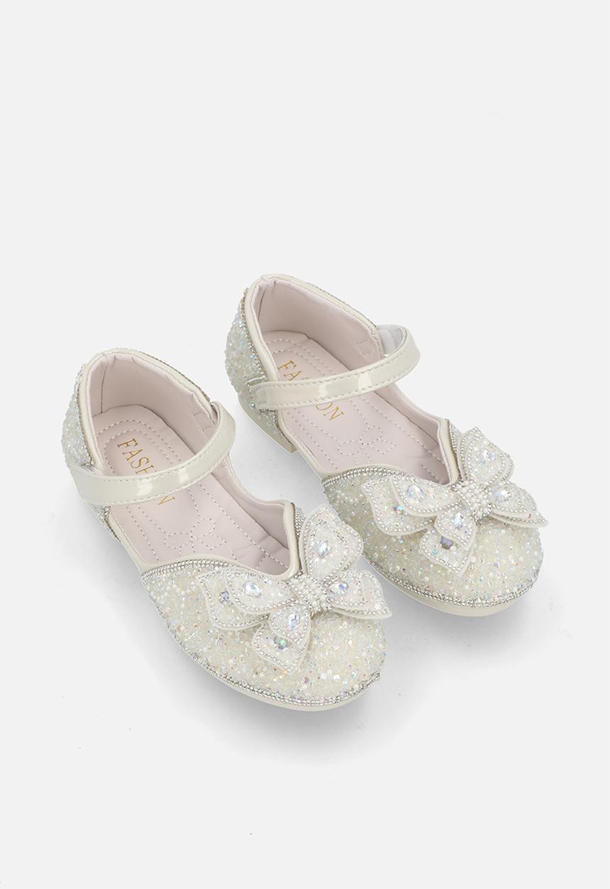 Pop Candy - Rhinestone princess flats with butterfly bow detail - white