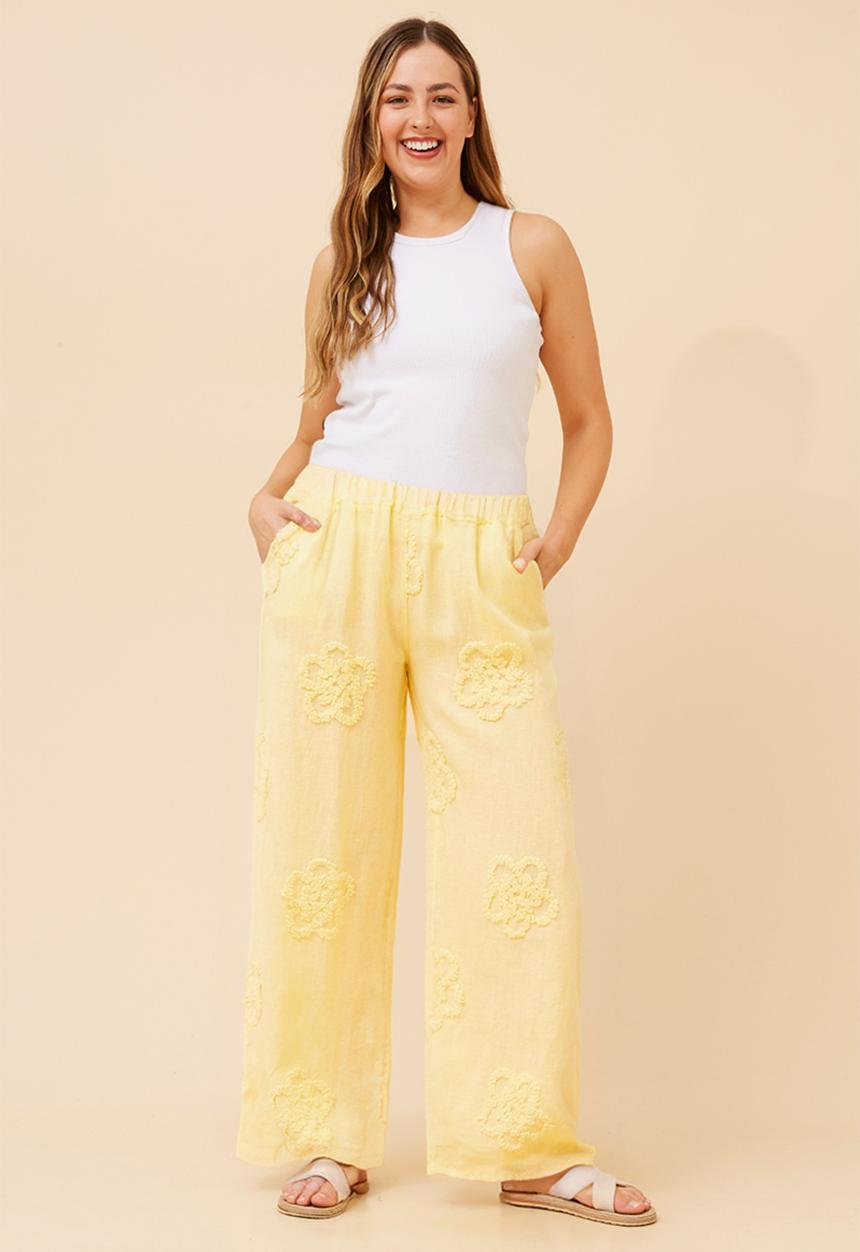 Stella Morgan - Made In Italy Pull On Wide Leg 100% Linen Pant With Floral Detail - Lemon