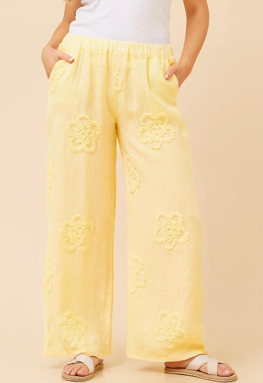 Stella Morgan - Made In Italy Pull On Wide Leg 100% Linen Pant With Floral Detail - Lemon