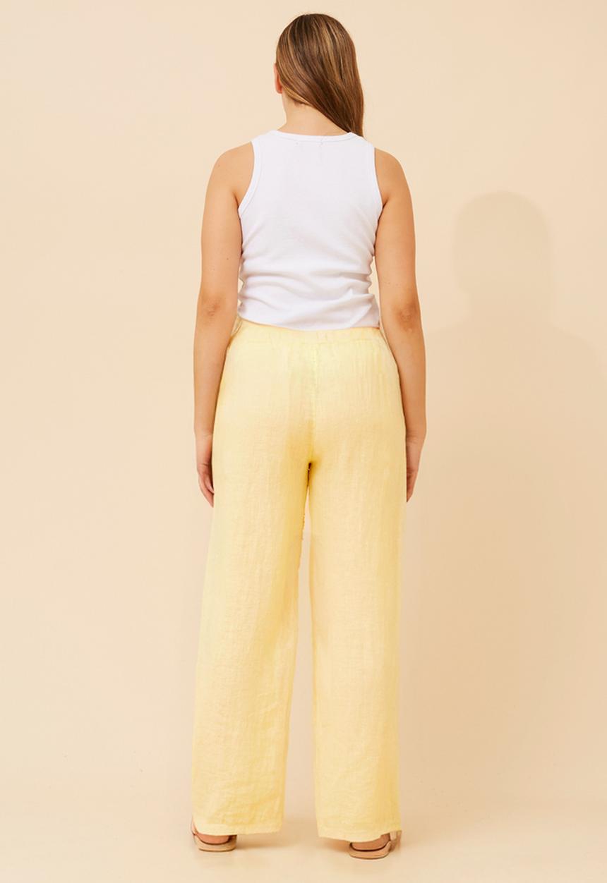 Stella Morgan - Made In Italy Pull On Wide Leg 100% Linen Pant With Floral Detail - Lemon
