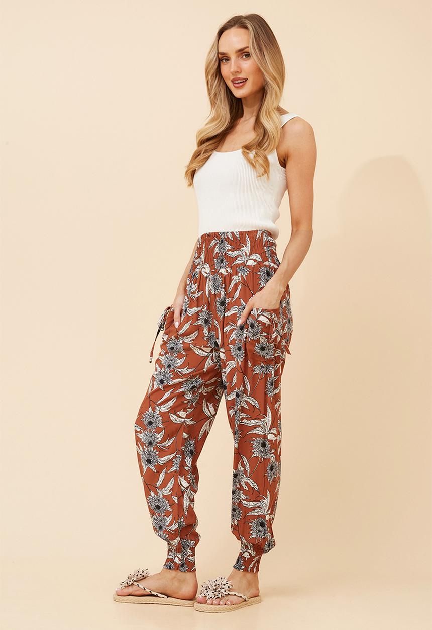 Izabel London - Elasticated Waist Harem Pant Wityh Side Tie Pockets - Rust