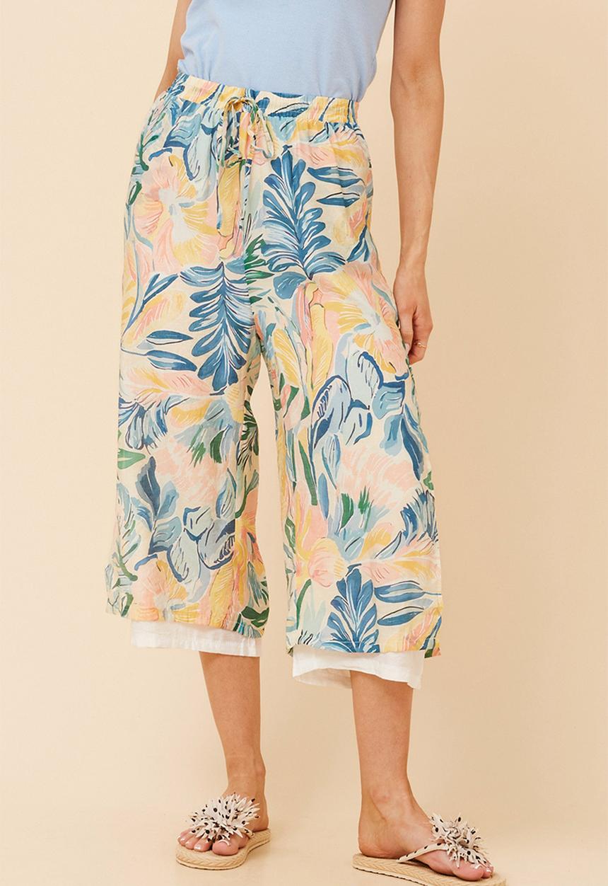 Izabel London - Drawcord Easy Wearing Pull On Printed Pant With Plain Lining Front - Multi Blue