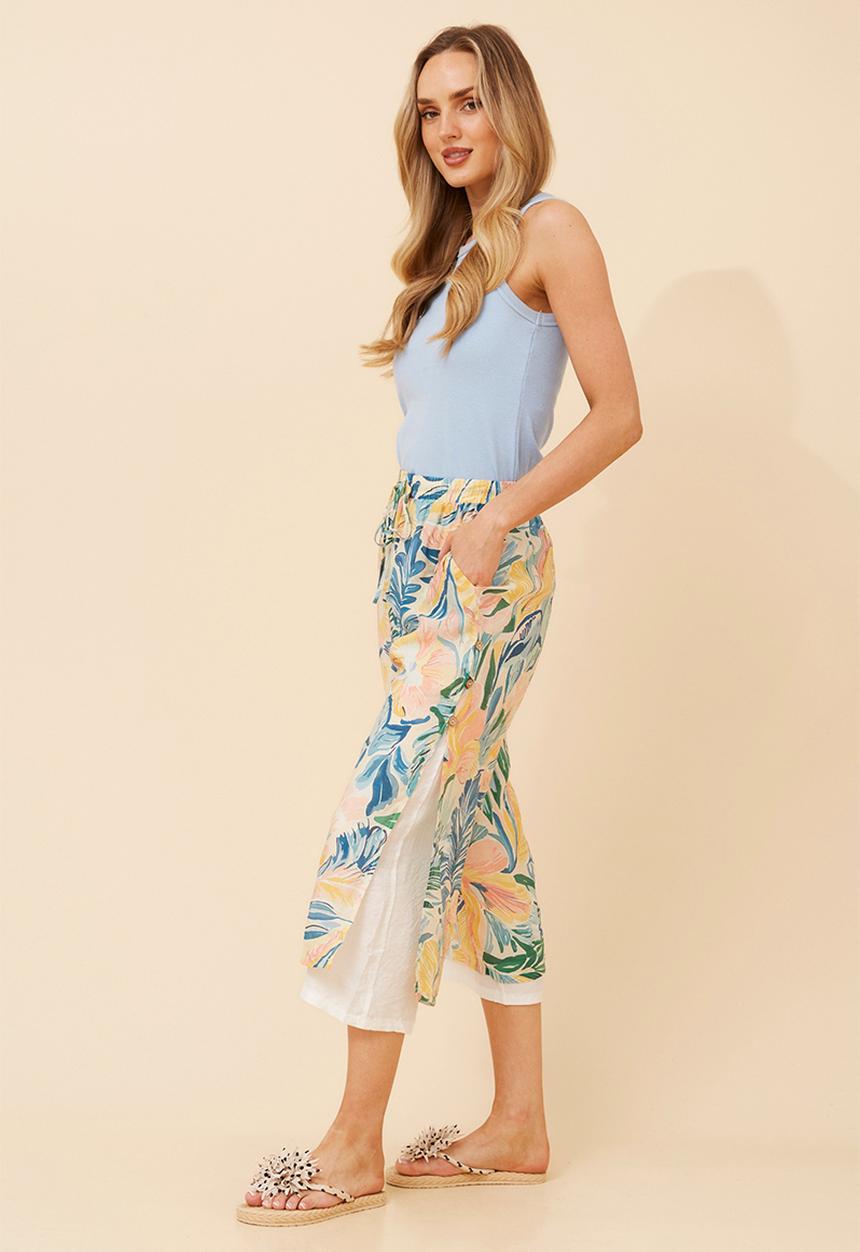 Izabel London - Drawcord Easy Wearing Pull On Printed Pant With Plain Lining Front - Multi Blue