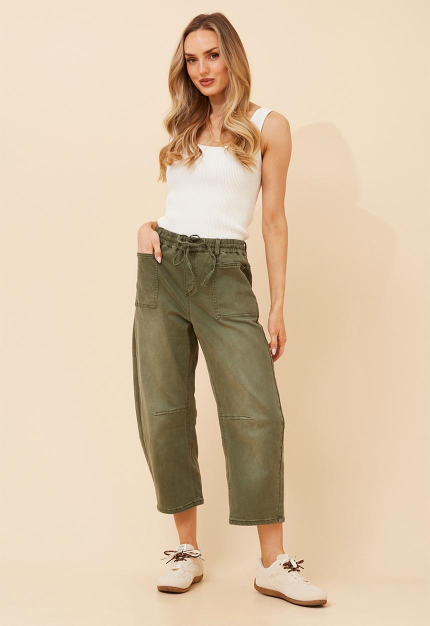 Stella Morgan - Elasticated Waist With Drawcord Barrel Jean With Front Pocket Detail - Khaki