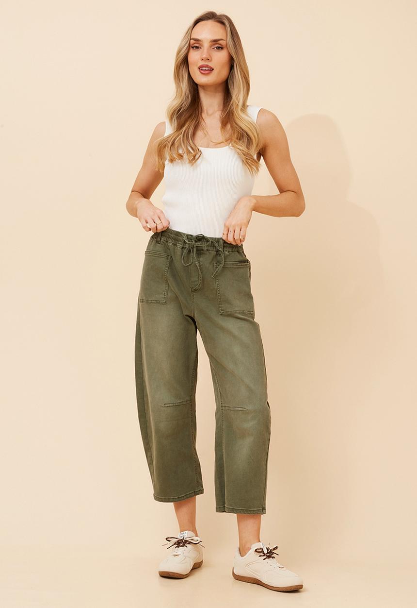 Stella Morgan - Elasticated Waist With Drawcord Barrel Jean With Front Pocket Detail - Khaki