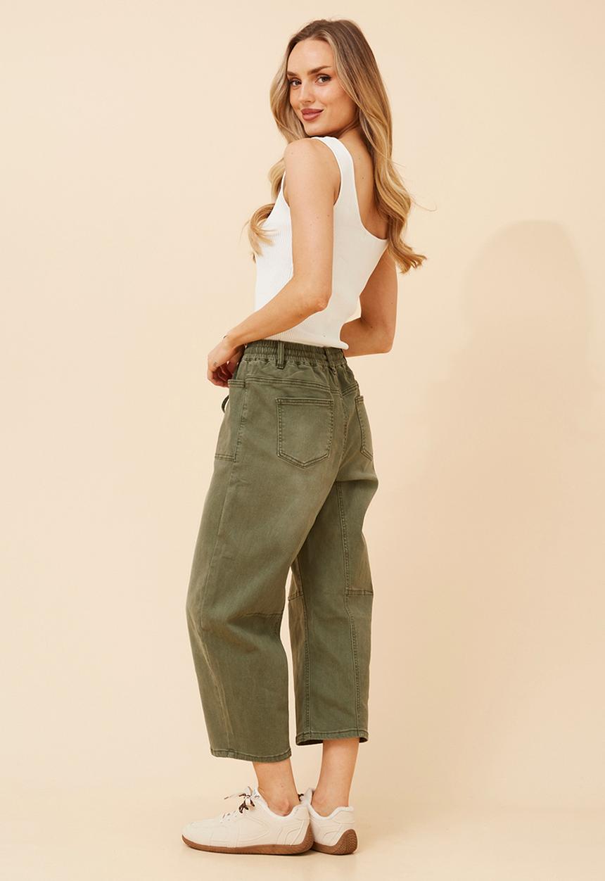 Stella Morgan - Elasticated Waist With Drawcord Barrel Jean With Front Pocket Detail - Khaki