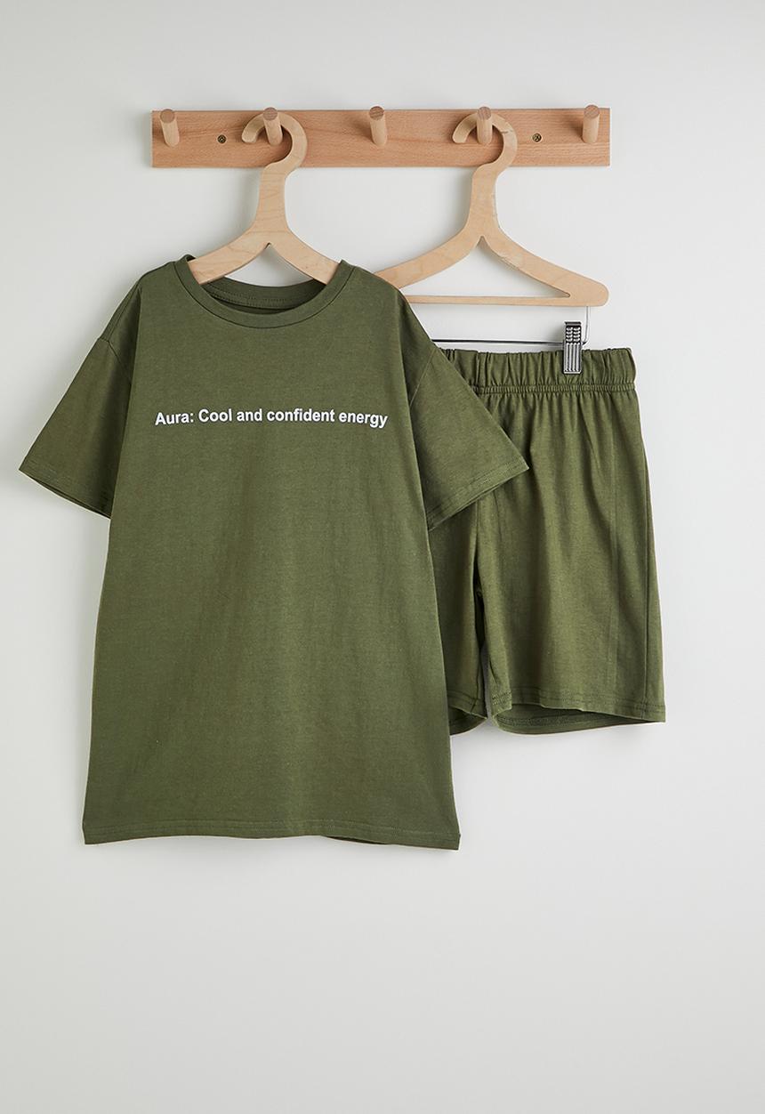 Pop Candy - Slogan pj set - dark olive