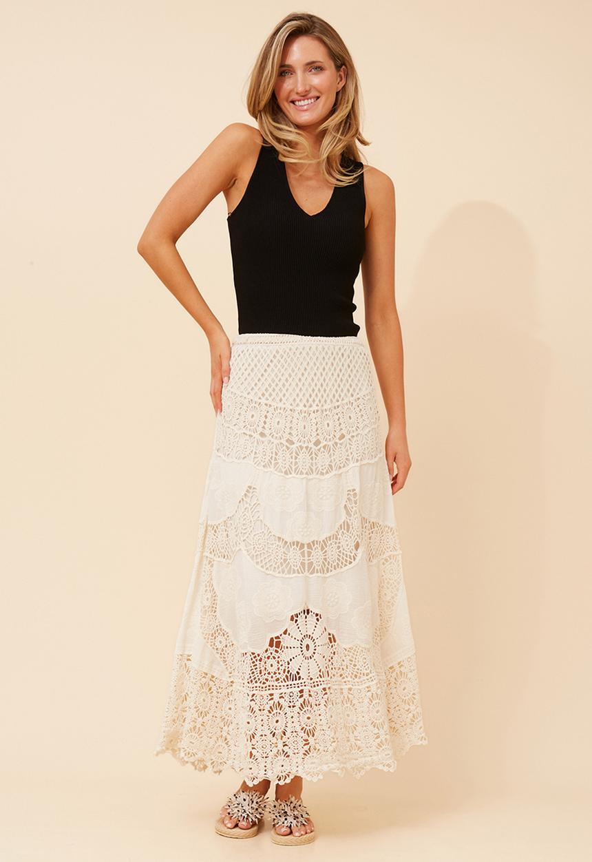 MANDI - Pull On Crochet Maxi Skirt - Ivory