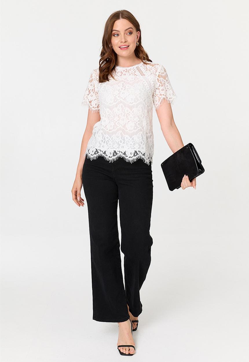 Stella Morgan - S/S Lace Top With Front Lining And Ladder Lace Detail On Raglan - White