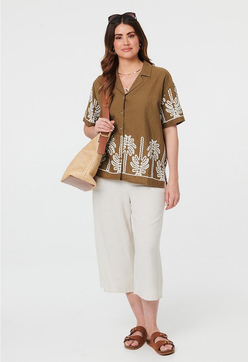 MANDI - S/S Easy Wearing Button Through Shorter Length Blouse With Embroidery Detail - Khaki