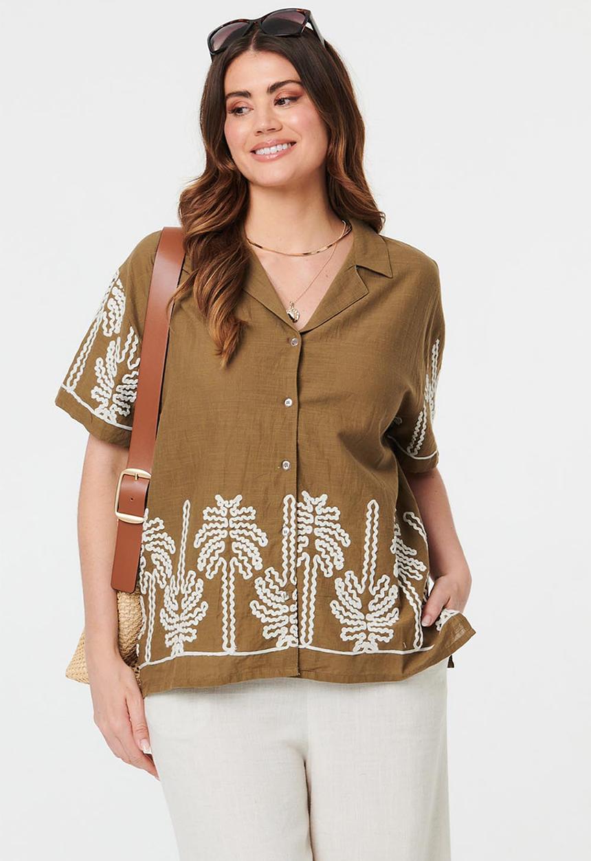 MANDI - S/S Easy Wearing Button Through Shorter Length Blouse With Embroidery Detail - Khaki