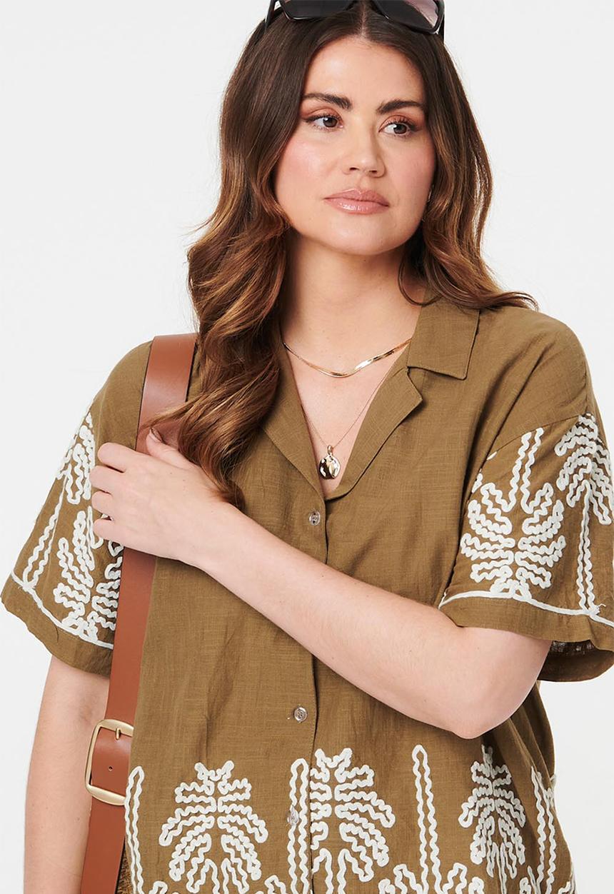 MANDI - S/S Easy Wearing Button Through Shorter Length Blouse With Embroidery Detail - Khaki