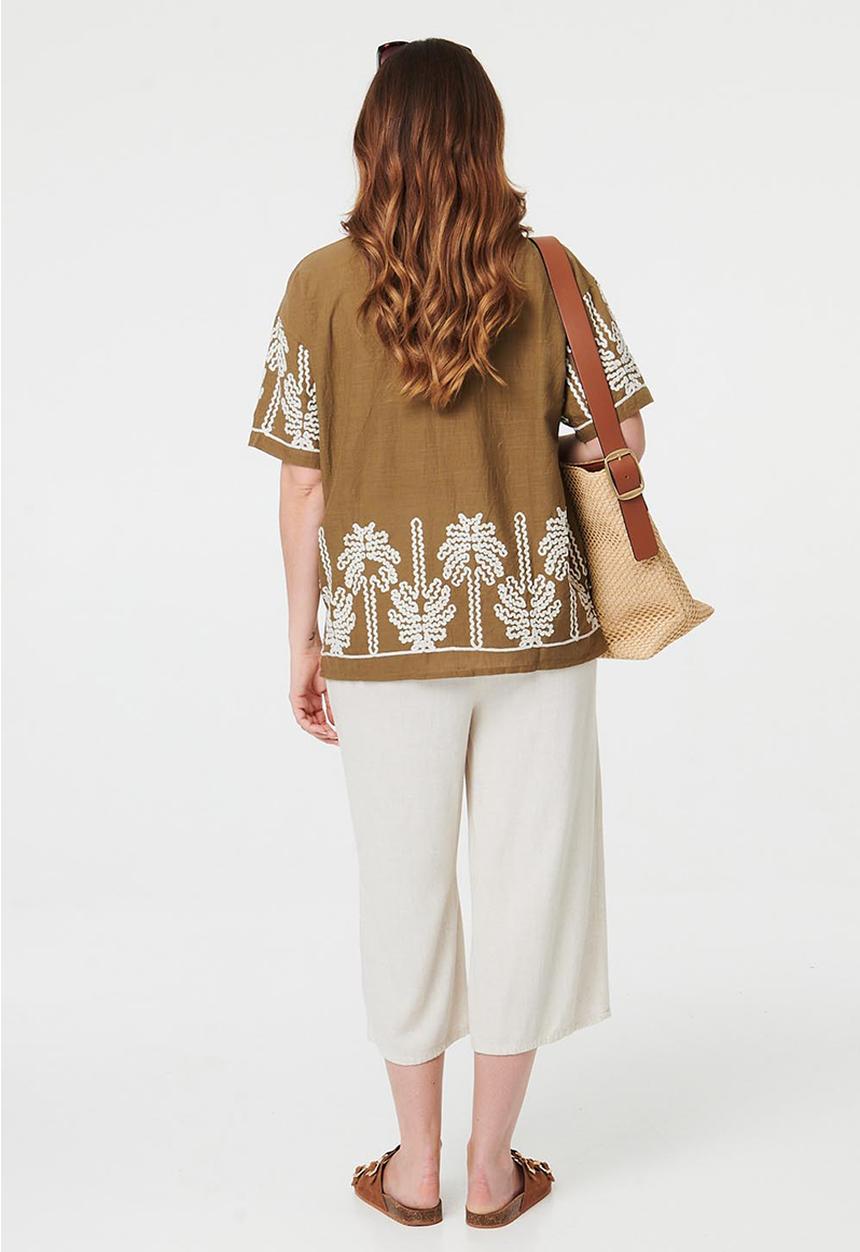 MANDI - S/S Easy Wearing Button Through Shorter Length Blouse With Embroidery Detail - Khaki