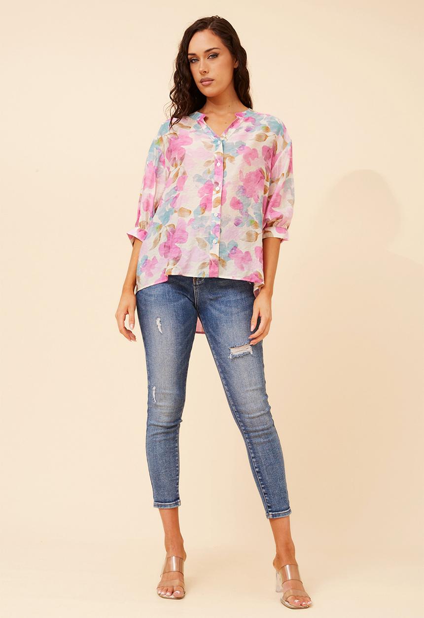Stella Morgan - Half Sleeve Batwing Sheer Button Through Shirt With Centre Back Button Detail - Multi Pink