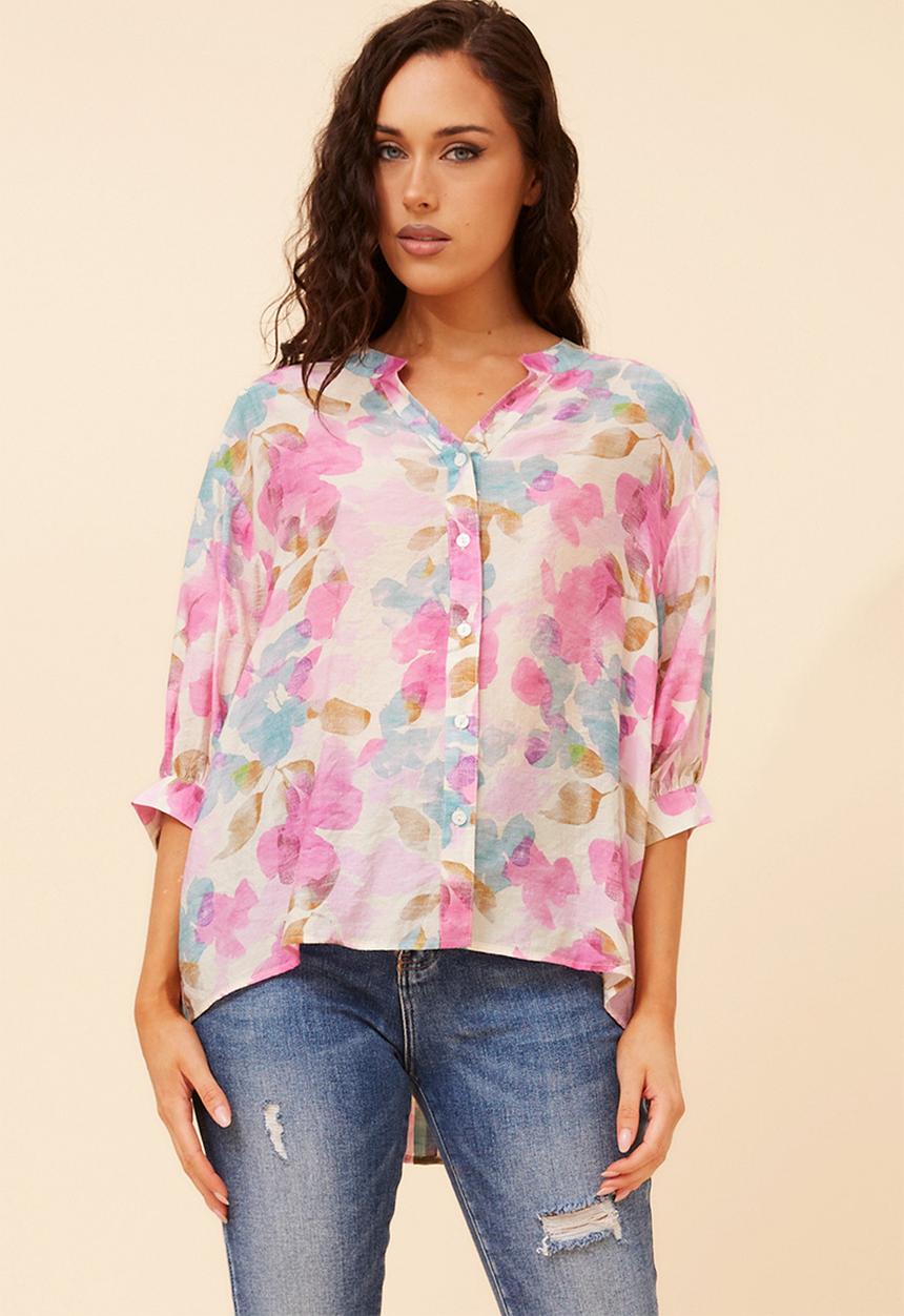 Stella Morgan - Half Sleeve Batwing Sheer Button Through Shirt With Centre Back Button Detail - Multi Pink