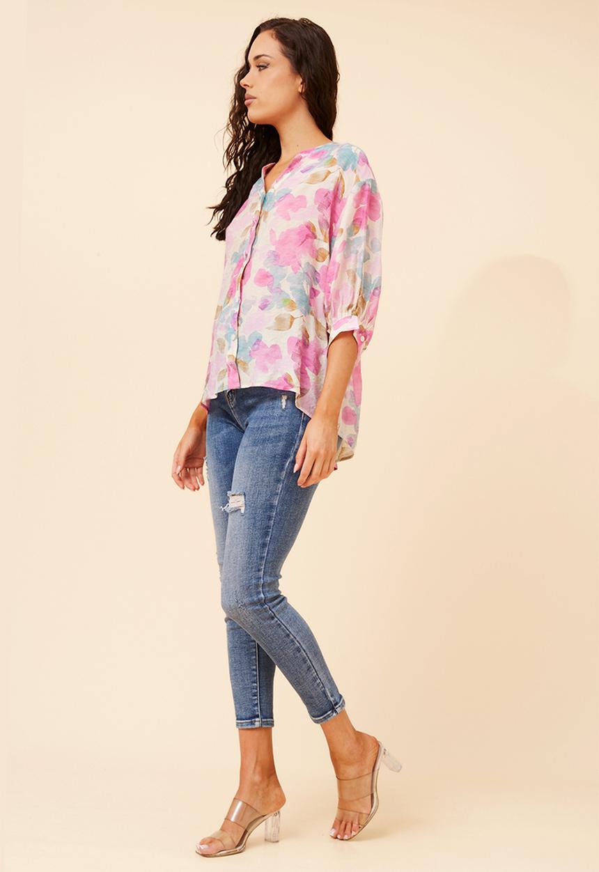 Stella Morgan - Half Sleeve Batwing Sheer Button Through Shirt With Centre Back Button Detail - Multi Pink