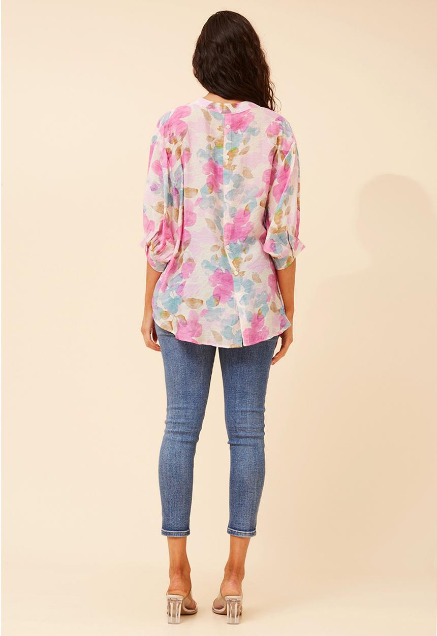 Stella Morgan - Half Sleeve Batwing Sheer Button Through Shirt With Centre Back Button Detail - Multi Pink