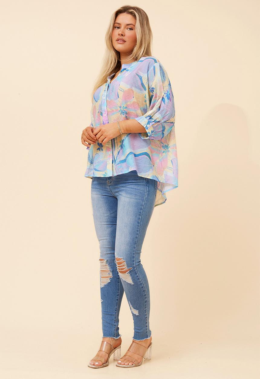 Stella Morgan - Half Sleeve Batwing Sheer Button Through Shirt With Centre Back Button Detail - Blue