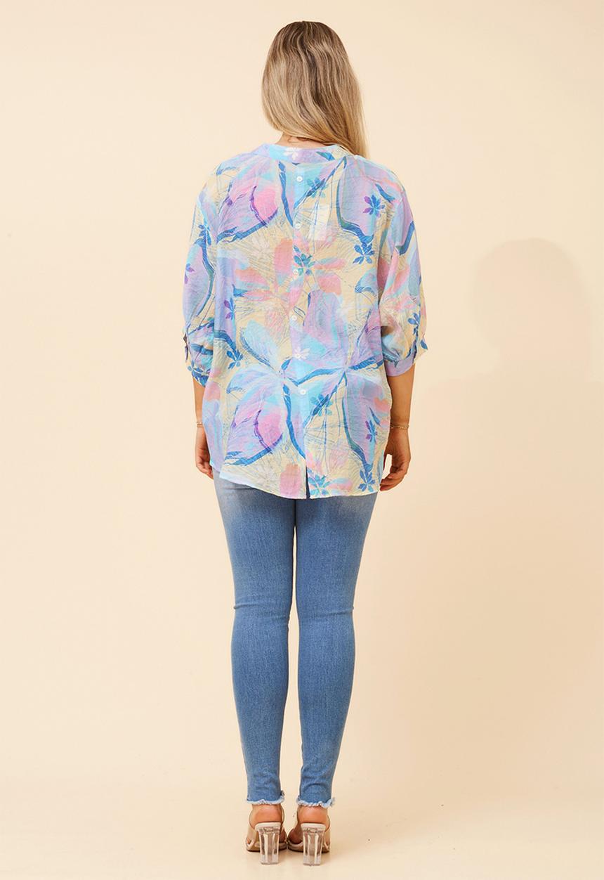Stella Morgan - Half Sleeve Batwing Sheer Button Through Shirt With Centre Back Button Detail - Blue